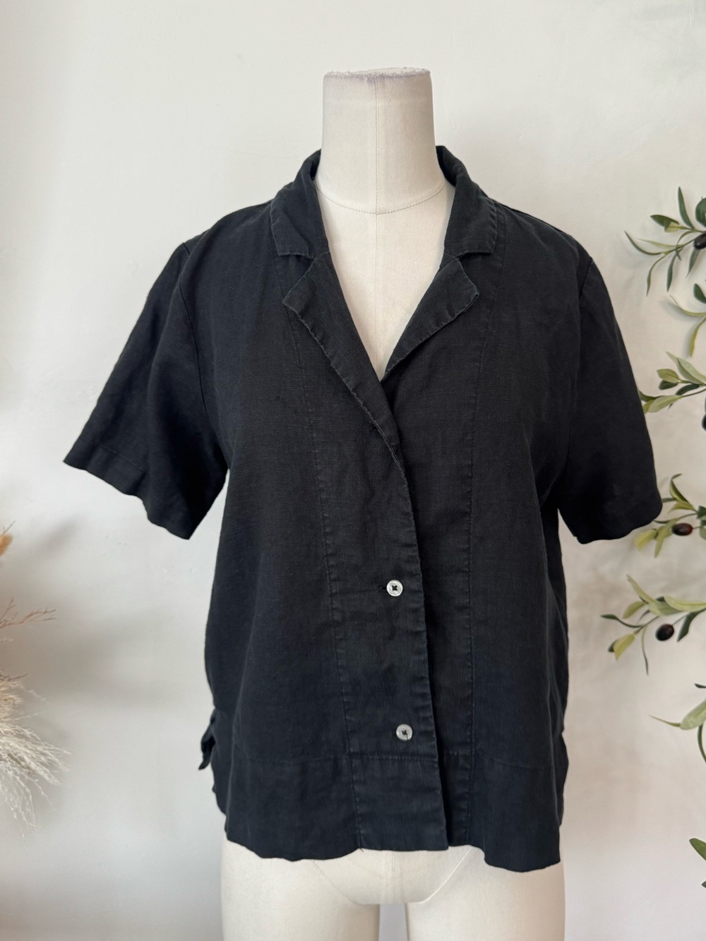 Quince 100% Linen Black Short Sleeve Button Front Blazer Shirt XS